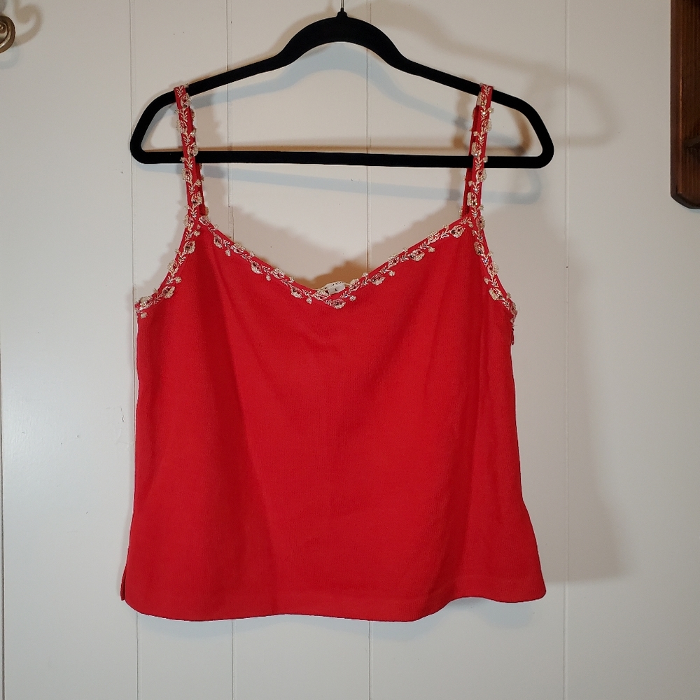 St John Knit Embellished Spaghetti Strap Red Large Tank Top